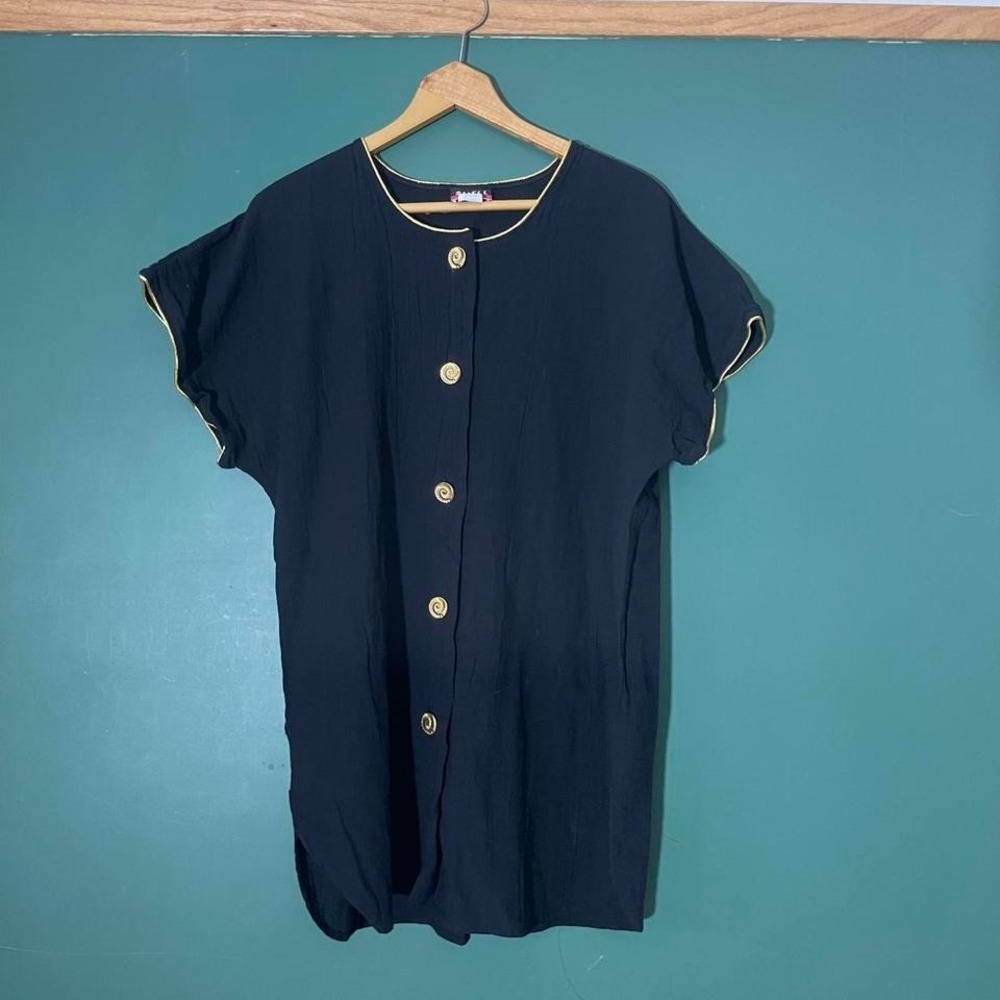 Vintage Shell Beach black, gauze shirt with gold trim and buttons